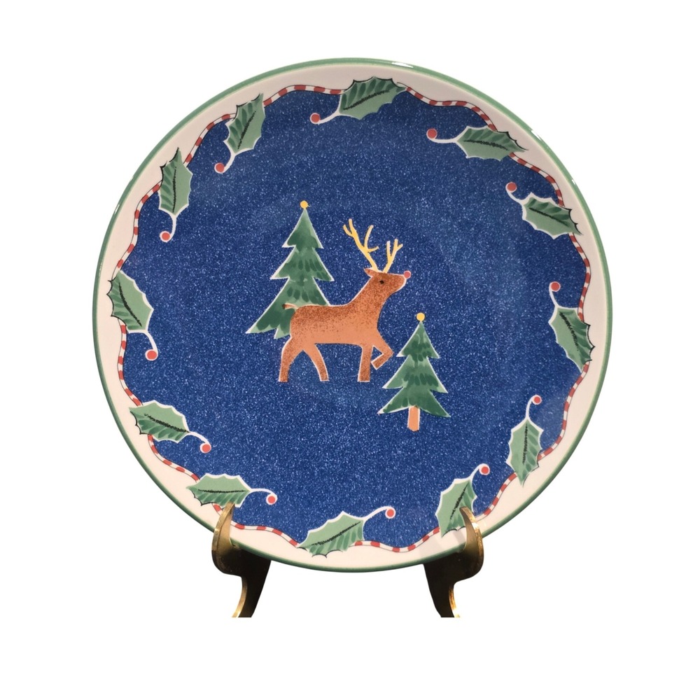 Mikasa Christmas Glow Reindeer Salad Plates Set of 4 Blue Holiday Japan